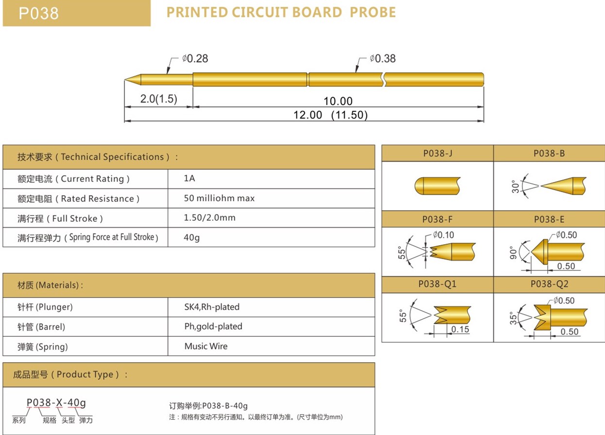 PA038測(cè)試探針總參數(shù)，華榮華探針廠家